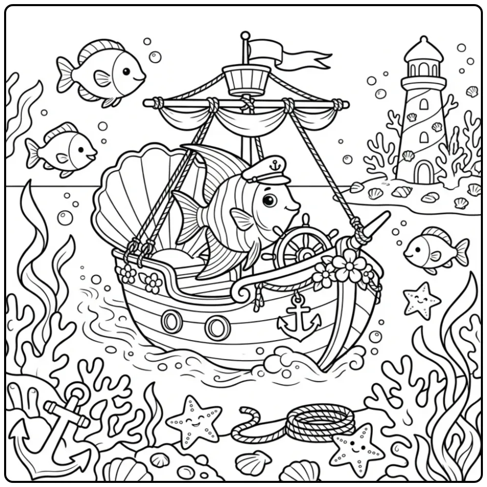 Gedetailleerde kleurplaat vis moeilijk in schelpenboot.