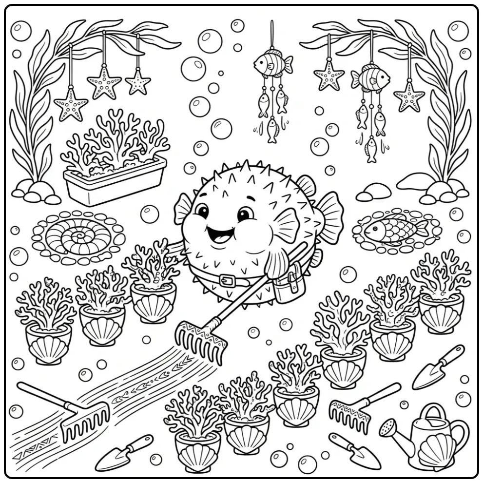 Kleurplaat vis moeilijk: Kogelvis tuiniert onder water.