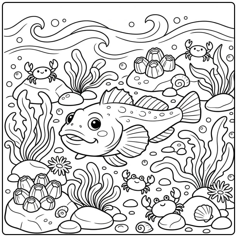 Schattige donderpad in getijdenpoel als kleurplaat vis.