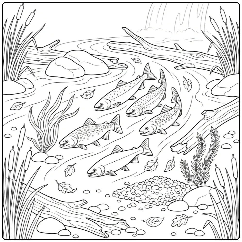 Kleurplaat vis met zalm en forel in een rivierlandschap.