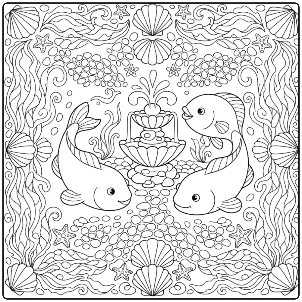 Symmetrische kleurplaat vissen volwassenen met fontein.