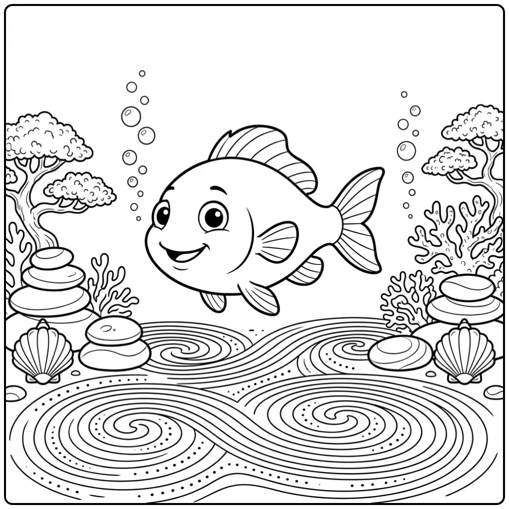 Rustgevende kleurplaat vissen volwassenen in zen tuin.