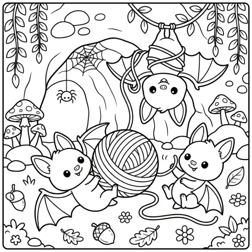 Een kleurplaat vleermuis schattig met drie spelende diertjes.