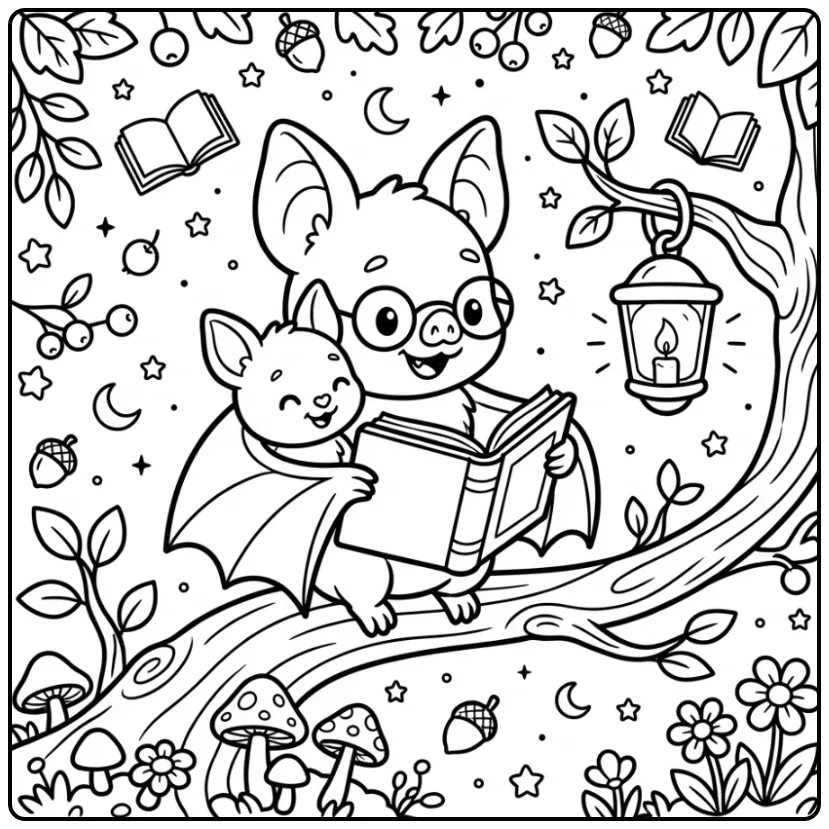 Een kleurplaat vleermuis schattig leest voor op een tak.