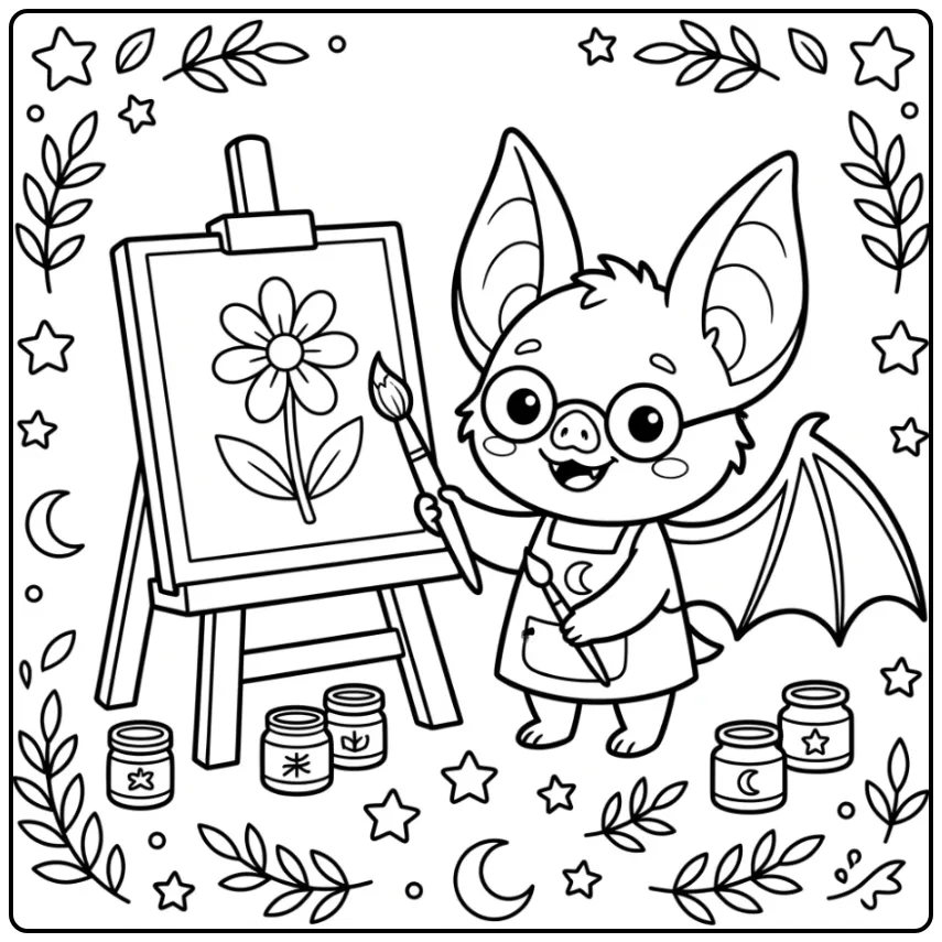 Artistieke kleurplaat vleermuis schattig aan een schildersezel.