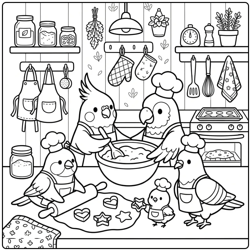 Schattige kleurplaat vogel die koekjes bakt in de keuken.