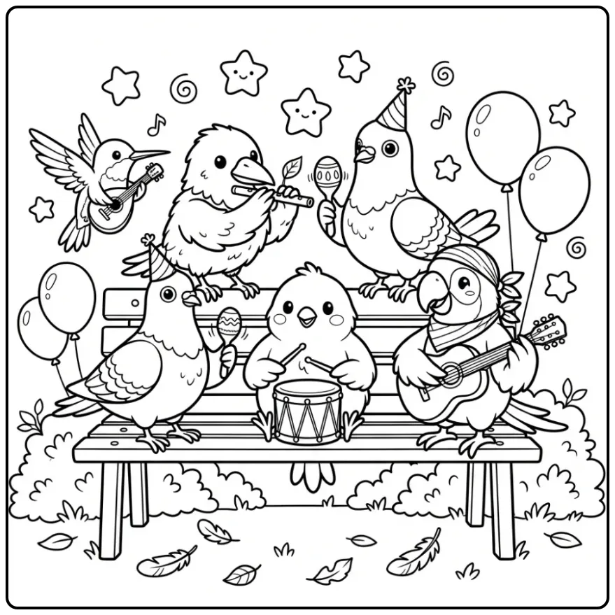 Schattige kleurplaat vogel band speelt muziek op een bankje.
