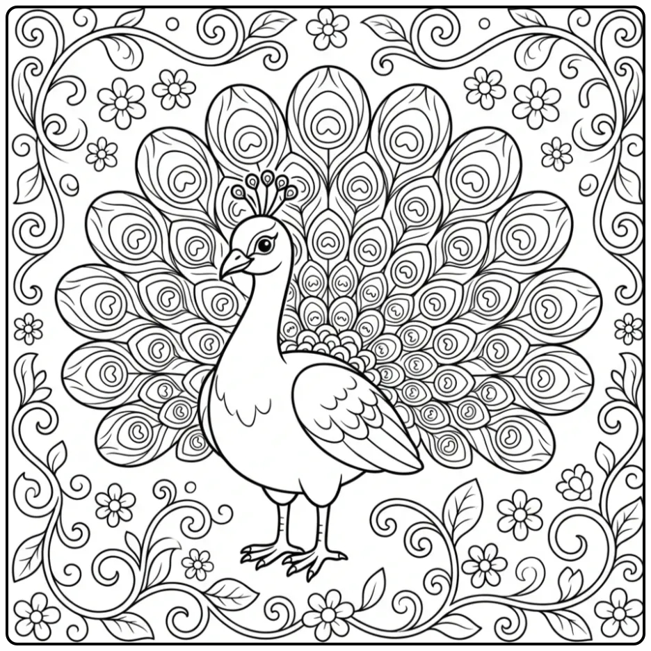 Een gedetailleerde kleurplaat vogel moeilijk van een pauw.