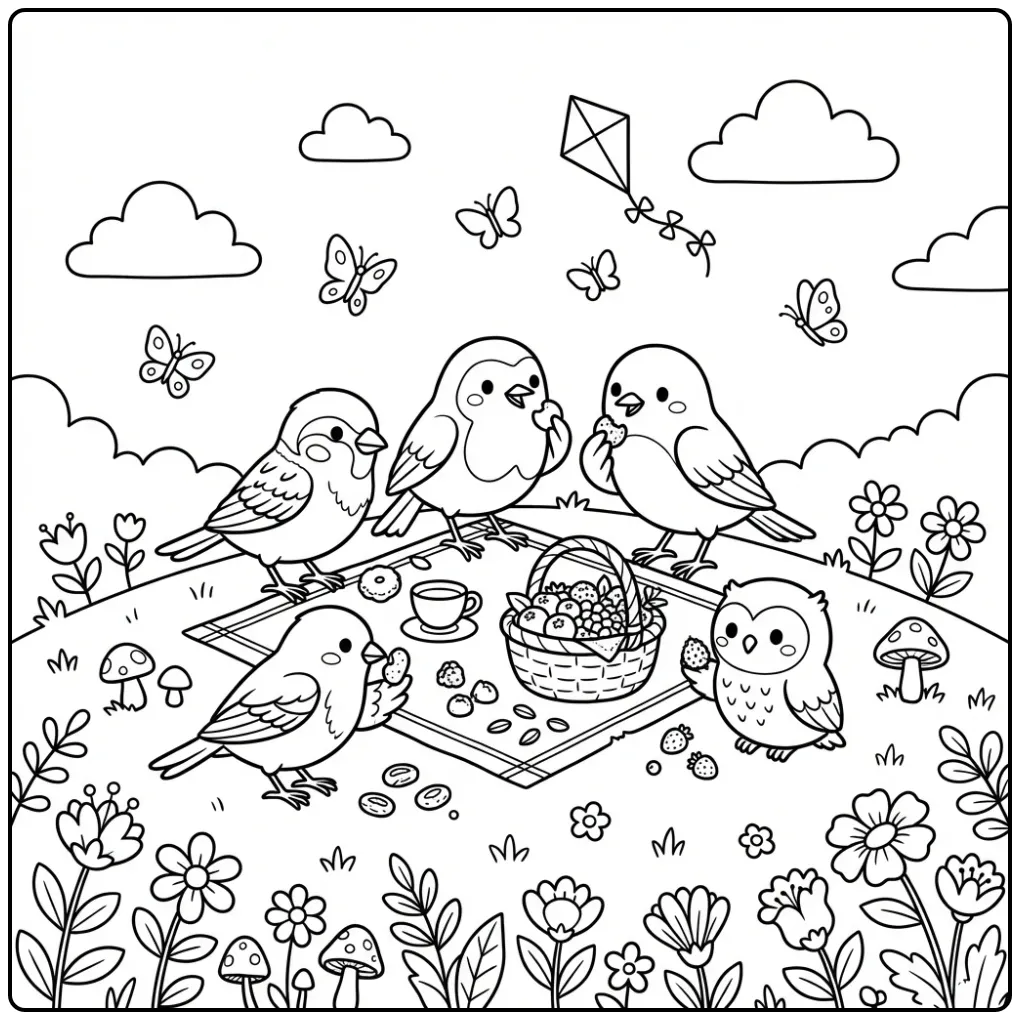 Schattige kleurplaat vogel picknick met uil en mussen.