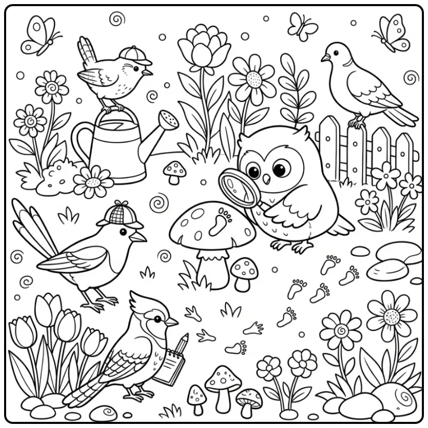 Schattige kleurplaat vogel detectives in de bloementuin.