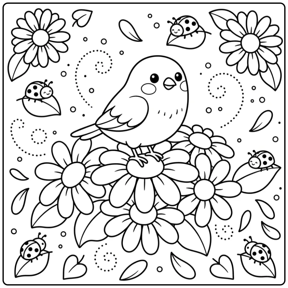 Leuke kleurplaat vogels en bloemen met vinkje op bloem.