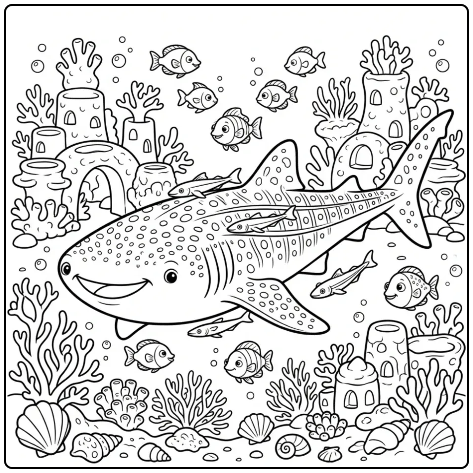 Schattige kleurplaat walvishaai zwemmend boven een koraalrif.