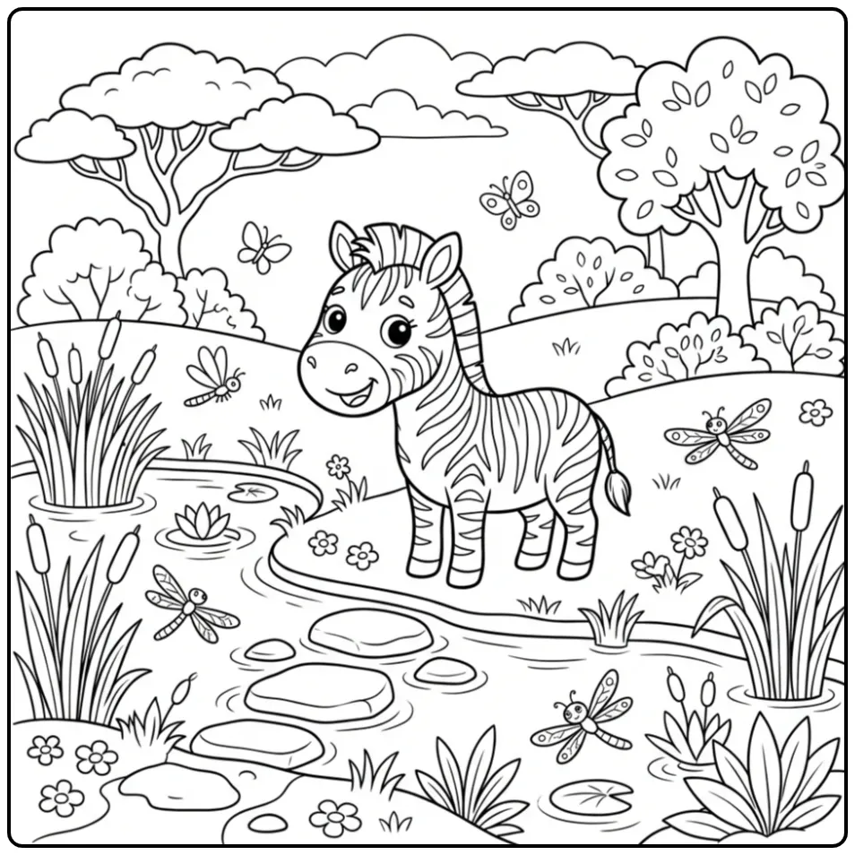 Een schattige kleurplaat zebra bij een rivier met stenen.