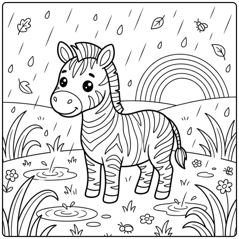 Een schattige kleurplaat zebra in de regen met een regenboog.