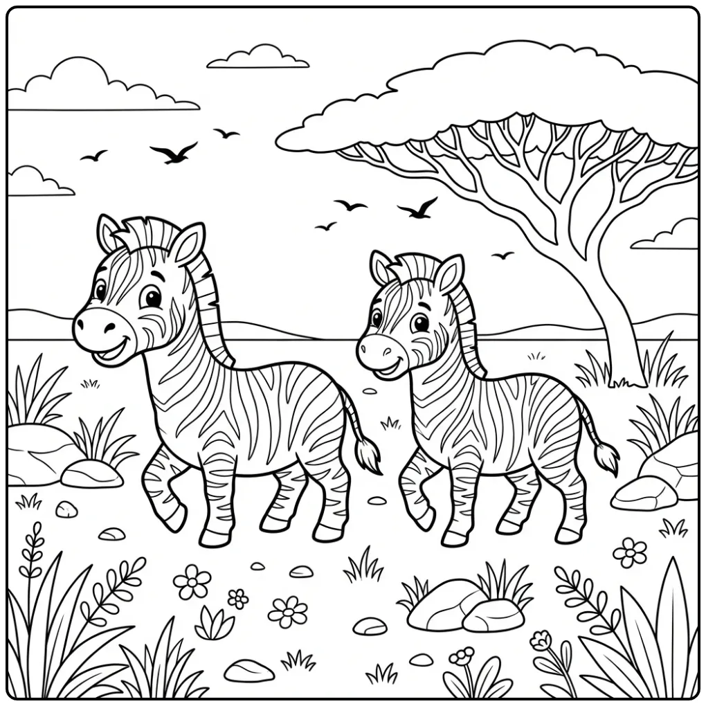 Leuke kleurplaat zebra met twee wandelende vrienden.