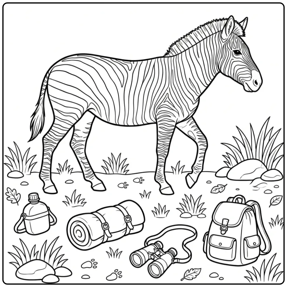 Avontuurlijke kleurplaat zebra met rugzak en verrekijker.