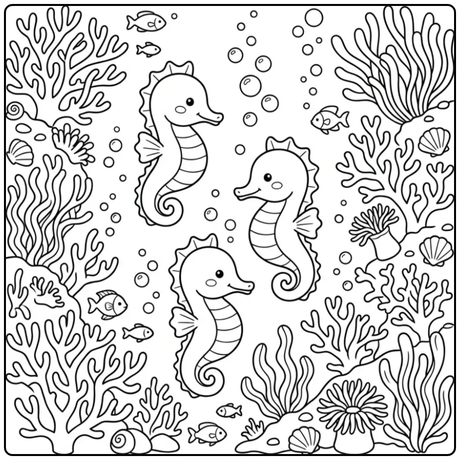 Schattige kleurplaat zeepaardje met koraal en bubbels.