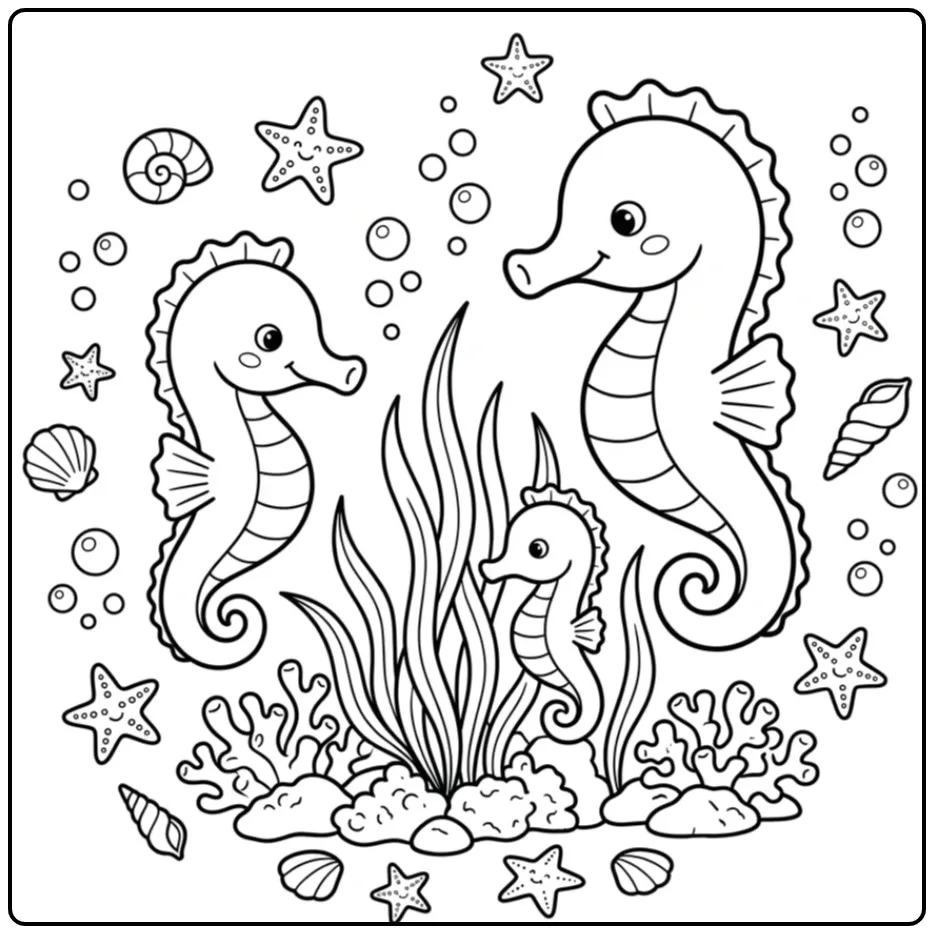 Leuke kleurplaat zeepaardje met schelpen en zeesterren.