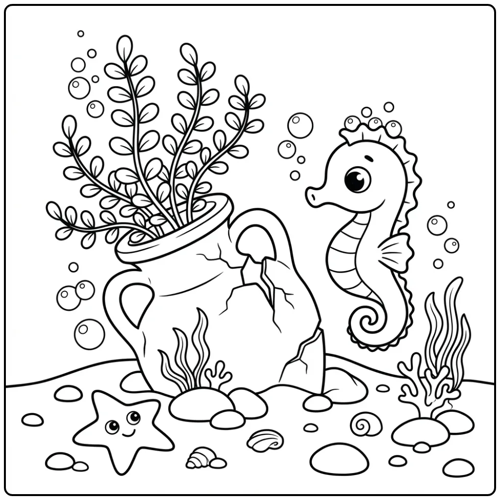 Schattige kleurplaat zeepaardje onder water bij een vaas.