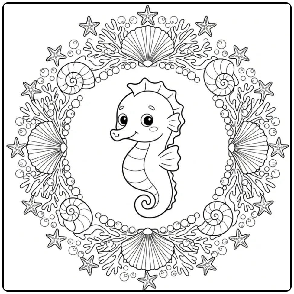 Schattige kleurplaat zeepaardje in een krans van koraal.