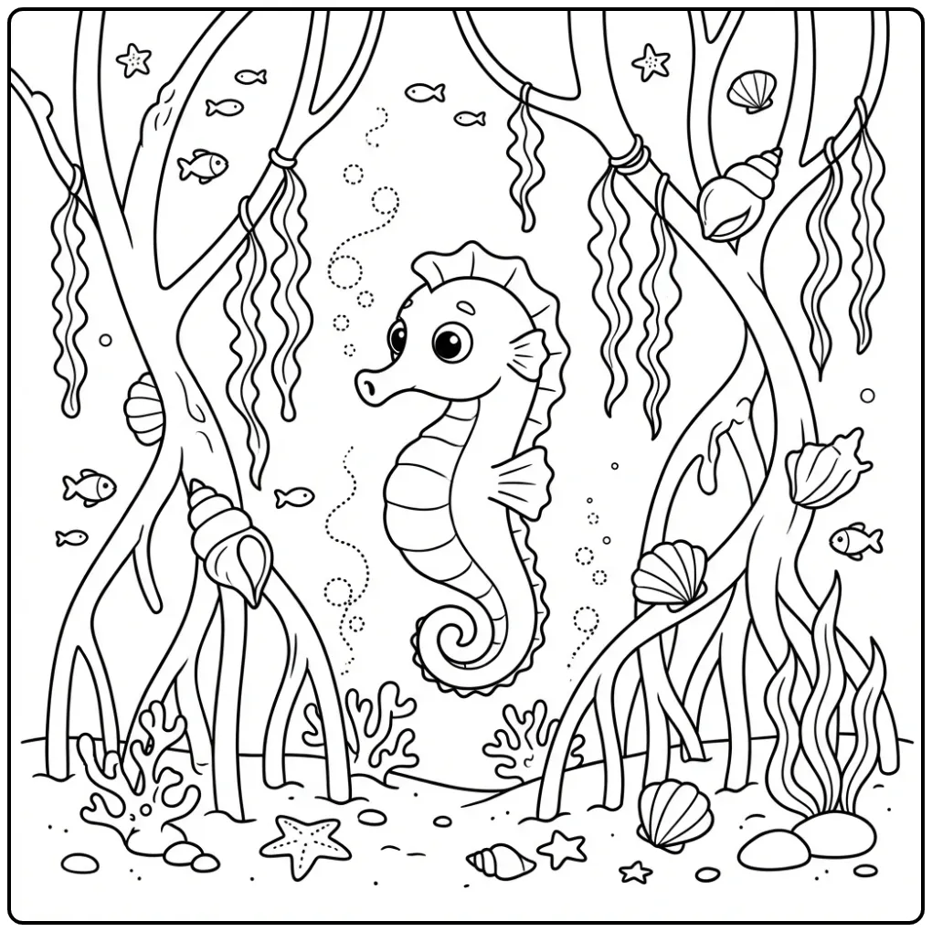 Schattige kleurplaat zeepaardje bij mangrove wortels en algen.