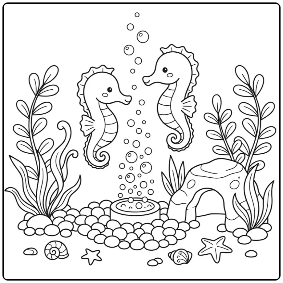 Schattige kleurplaat zeepaardje bij een luchtsteen en plantjes.