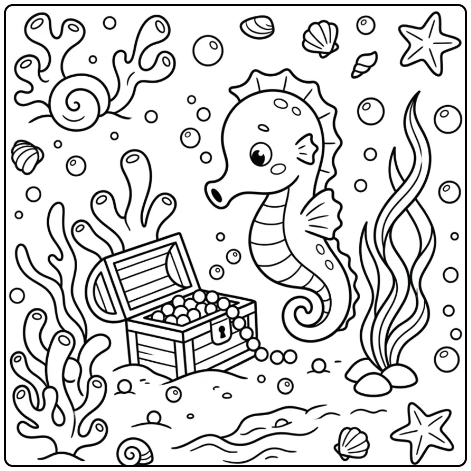 Schattige kleurplaat zeepaardje bij een kist vol parels