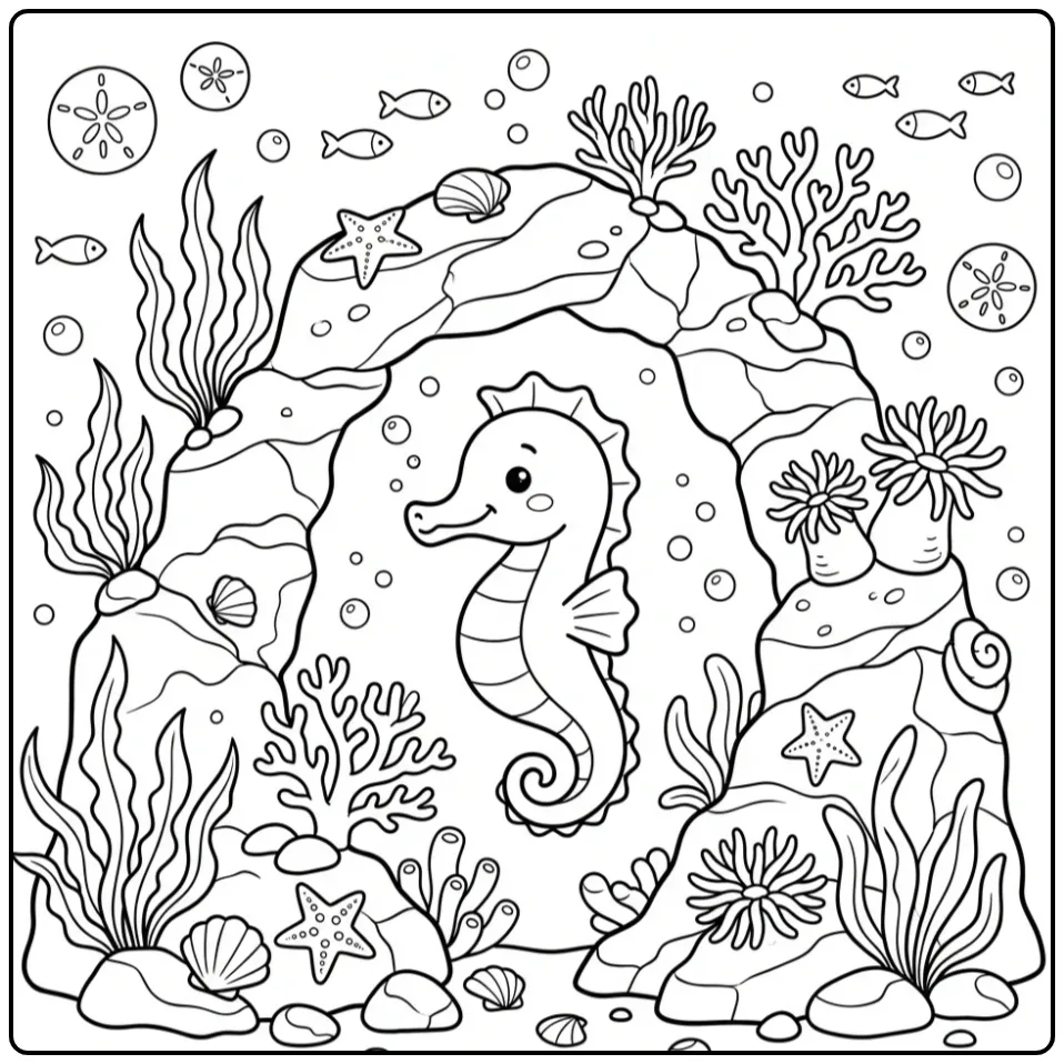 Schattige kleurplaat zeepaardje bij een stenen boog onder water.