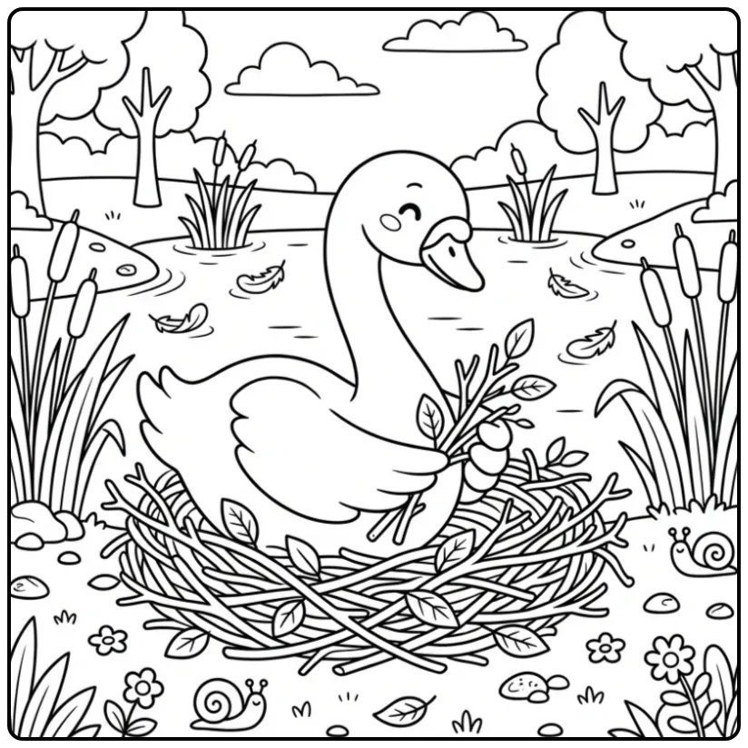 Een leuke kleurplaat zwaan die een nest bouwt in het riet.