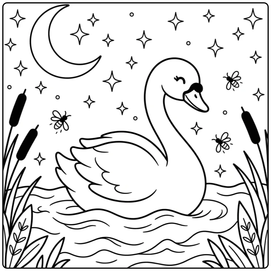 Schattige kleurplaat zwaan zwemmend onder de maan en sterren.