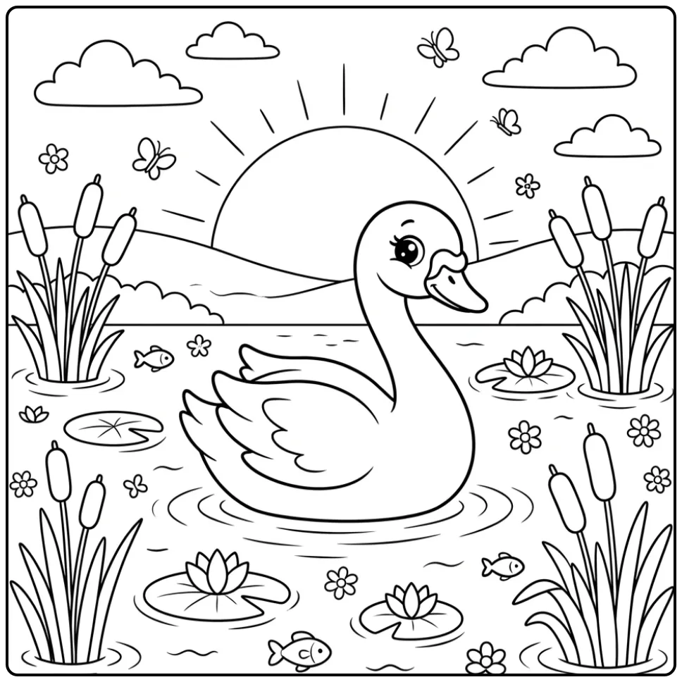 Een schattige kleurplaat zwaan zwemmend tussen riet en lelies.