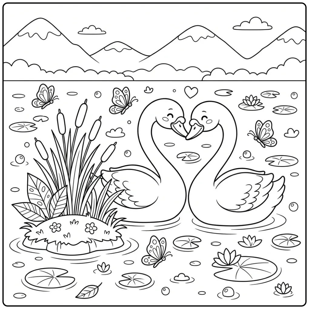 Schattige kleurplaat zwaan met twee zwanen bij het riet.