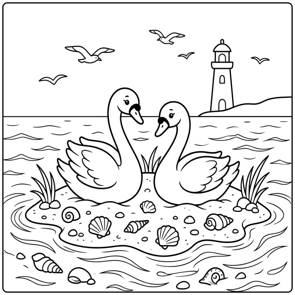 Een leuke kleurplaat zwaan met twee zwanen op het strand.