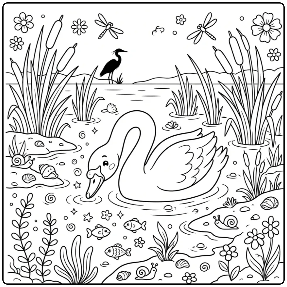 Een vrolijke kleurplaat zwaan in een vijver met riet.