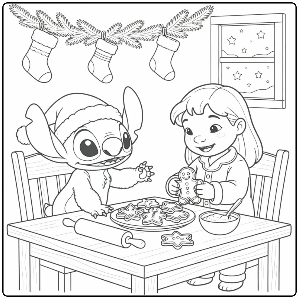 Print deze vrolijke lilo en stitch kerst kleurplaat met koekjes