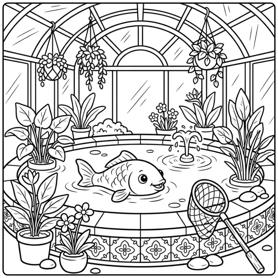 Schattige koi karper kleurplaat in een vijver met planten.