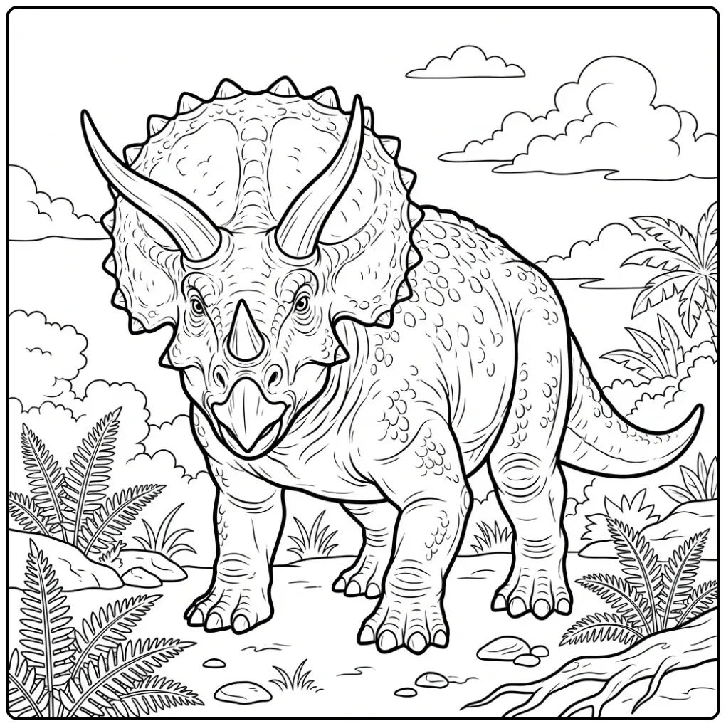 Realistische triceratops kleurplaat met varens en stenen