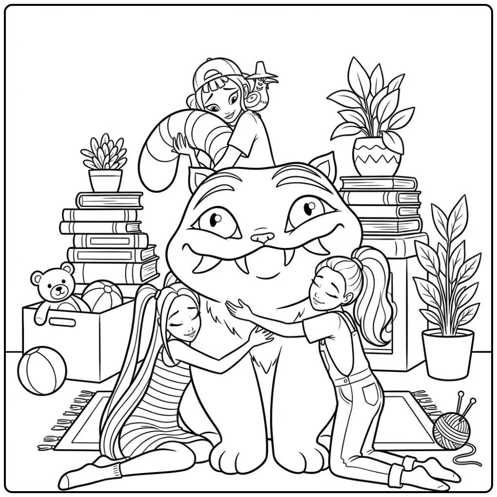 Kleurplaat kpop demon hunters derpy monster knuffelen in kamer met boeken en planten.