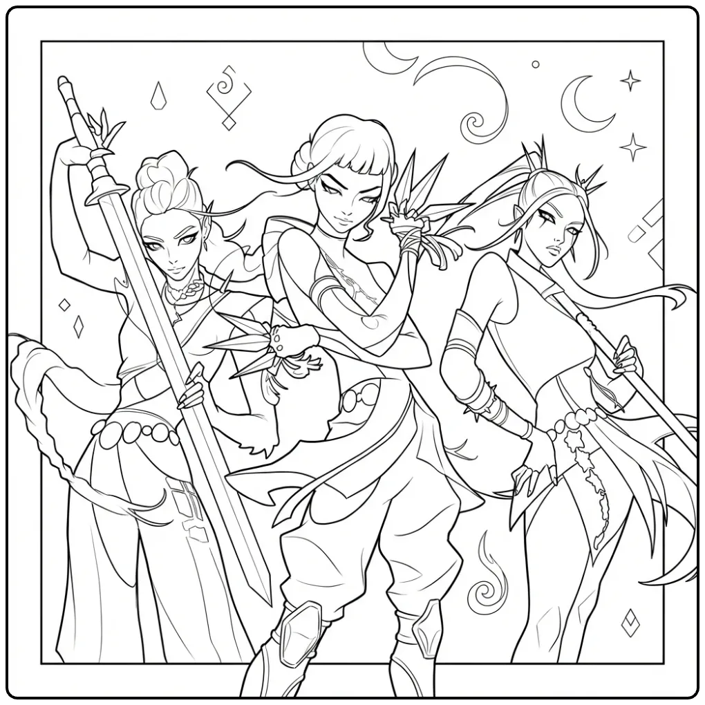 Kpop demon hunters kleurplaat met drie strijders en wapens.