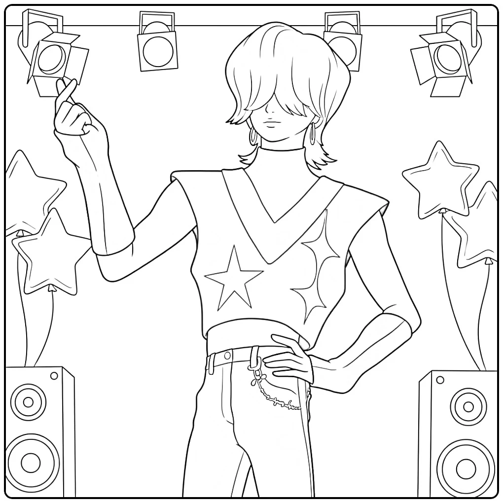 Kpop demon hunters kleurplaat Mystery figuur op een podium.