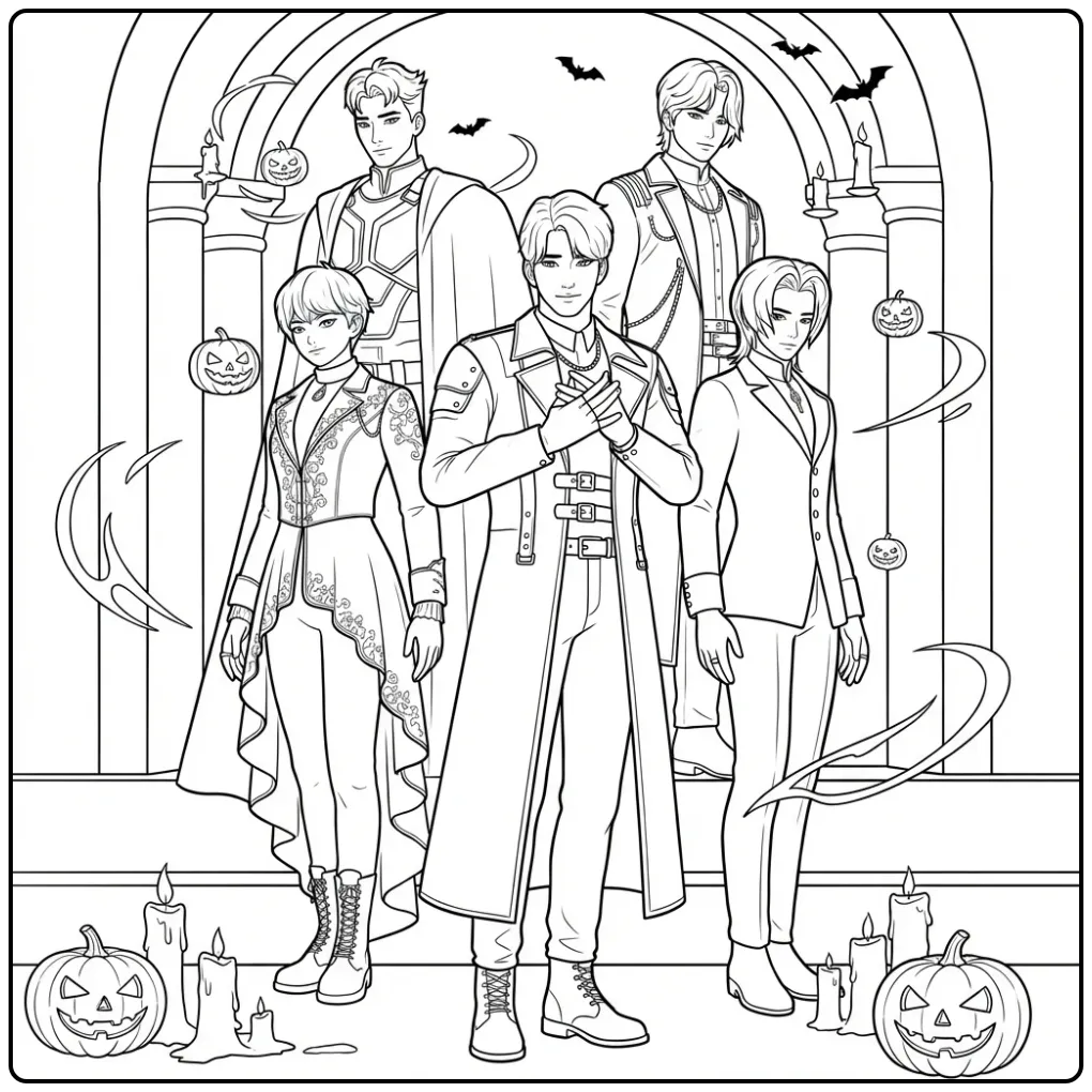 Kpop demon hunters kleurplaat saja boys, met pompoenen.