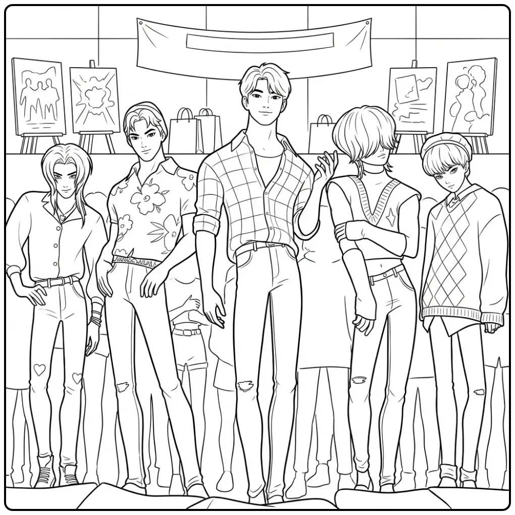 Kpop demon hunters kleurplaat saja boys op het podium.