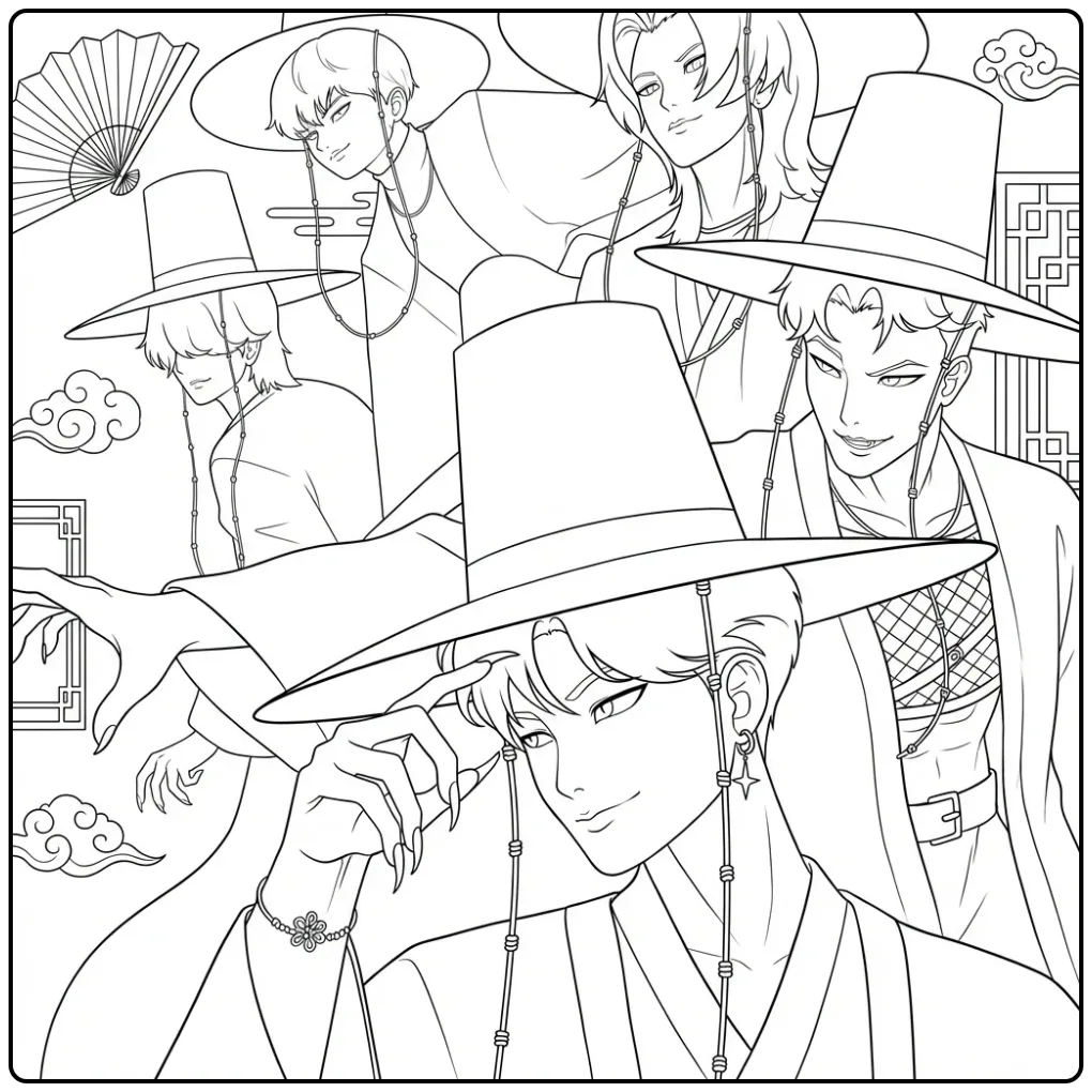 Kpop demon hunters kleurplaat saja boys. Een kleurplaat met K-pop figuren.