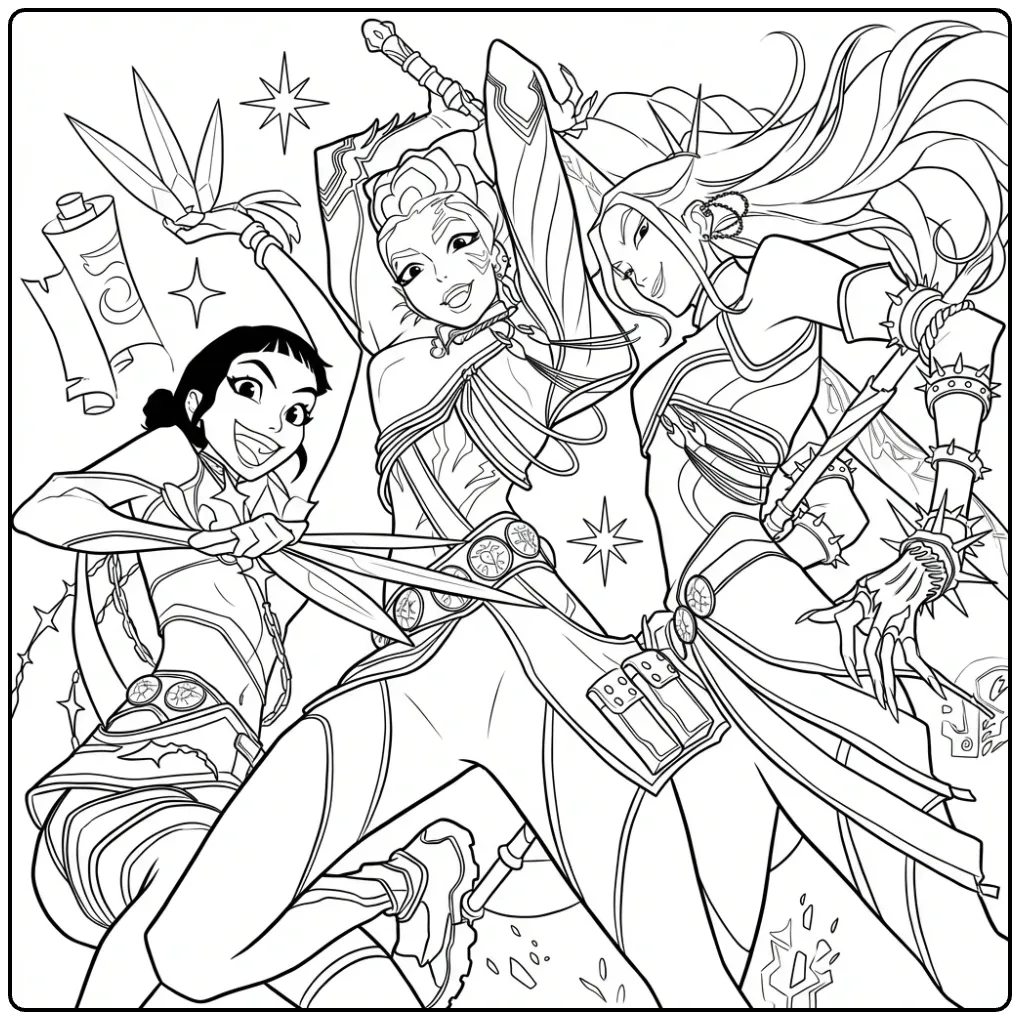 Kleurplaat kpop demon hunters in actie met wapens.