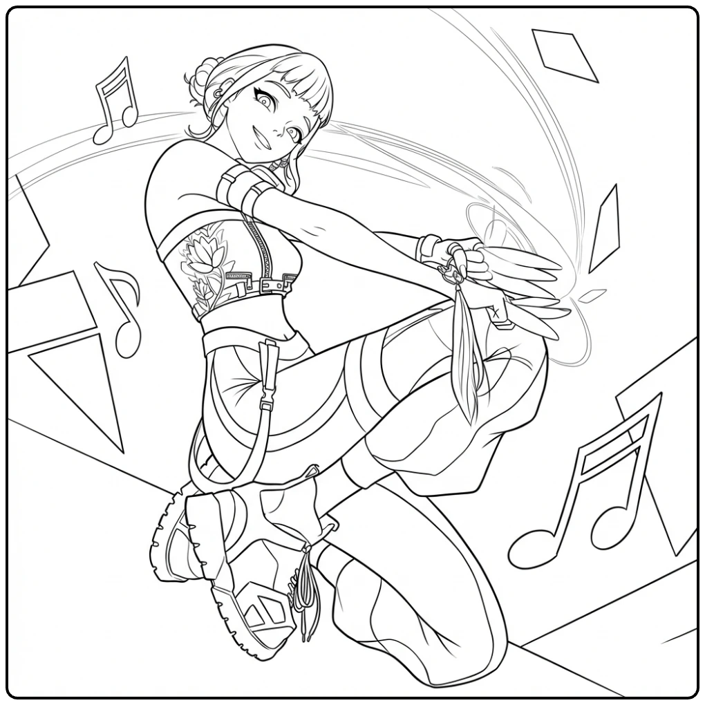 Kpop demon hunters kleurplaat zoey in actievolle danspose.