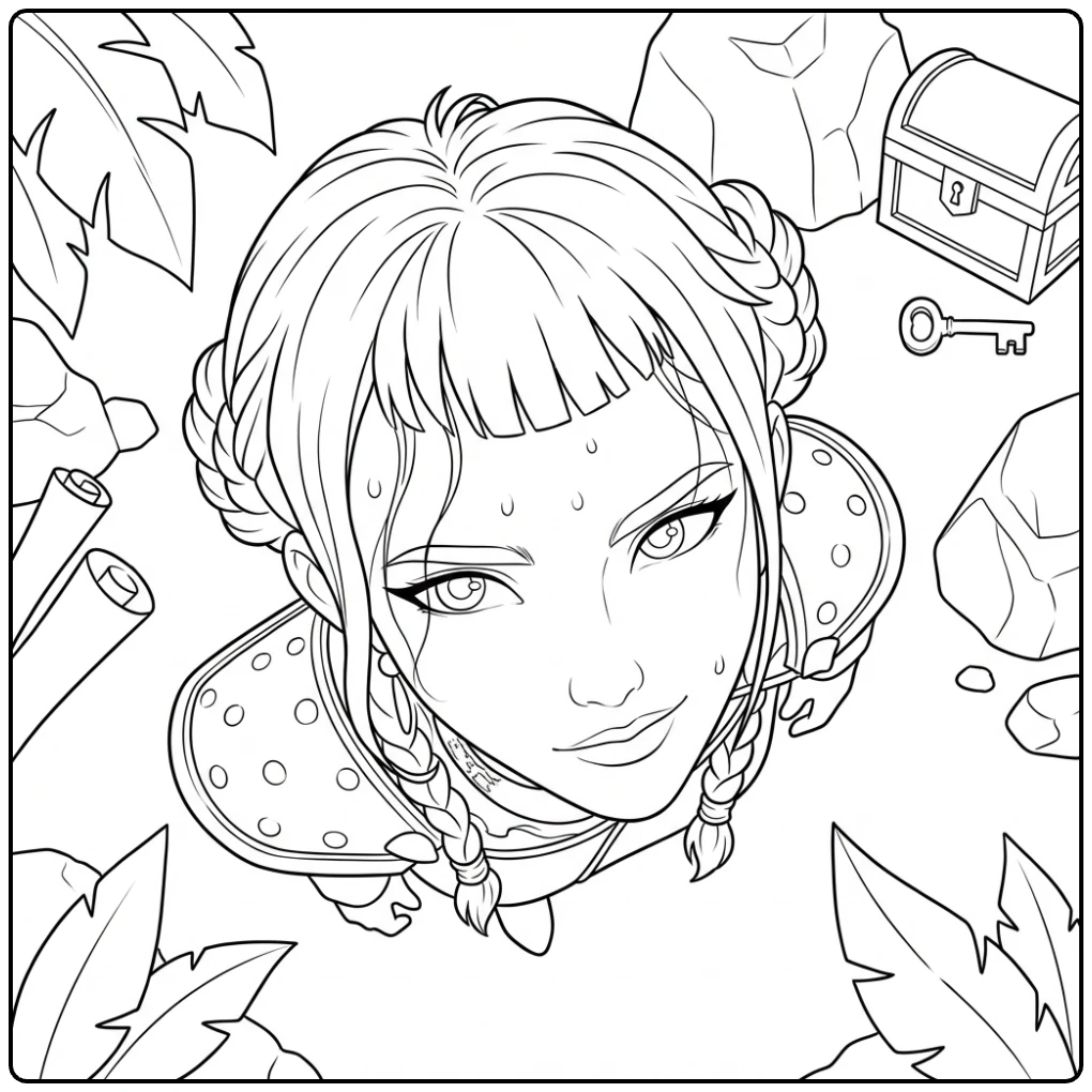 Een kpop demon hunters kleurplaat zoey in de jungle met schat.