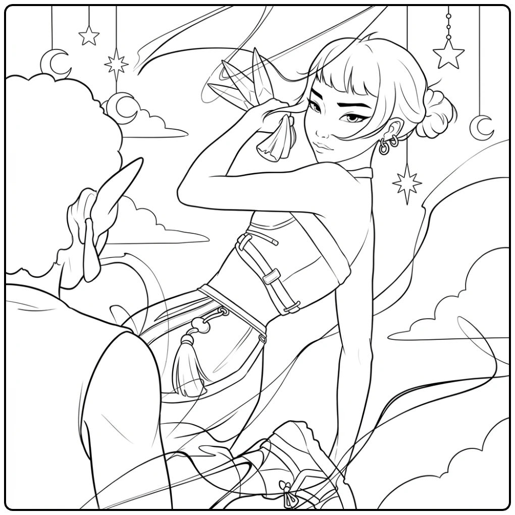 Een kpop demon hunters kleurplaat zoey met wapen en sterren.