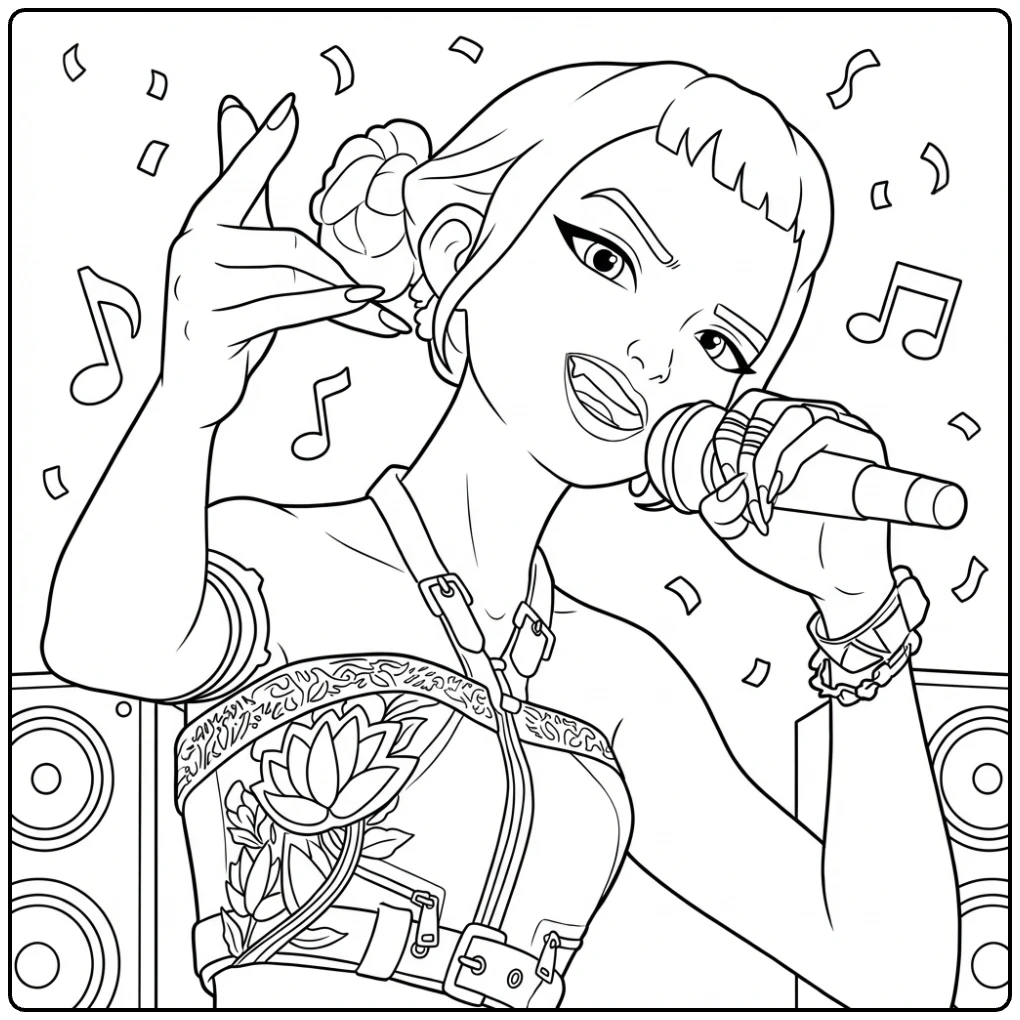 Kpop Demon Hunters kleurplaat Zoey zingt op een podium.