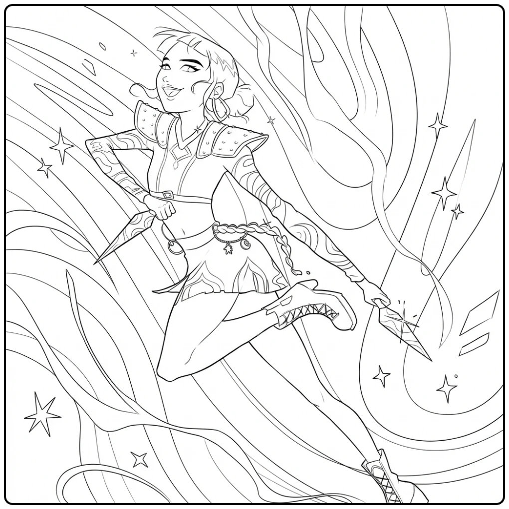 Kpop demon hunters kleurplaat zoey springt met dolken en sterren.