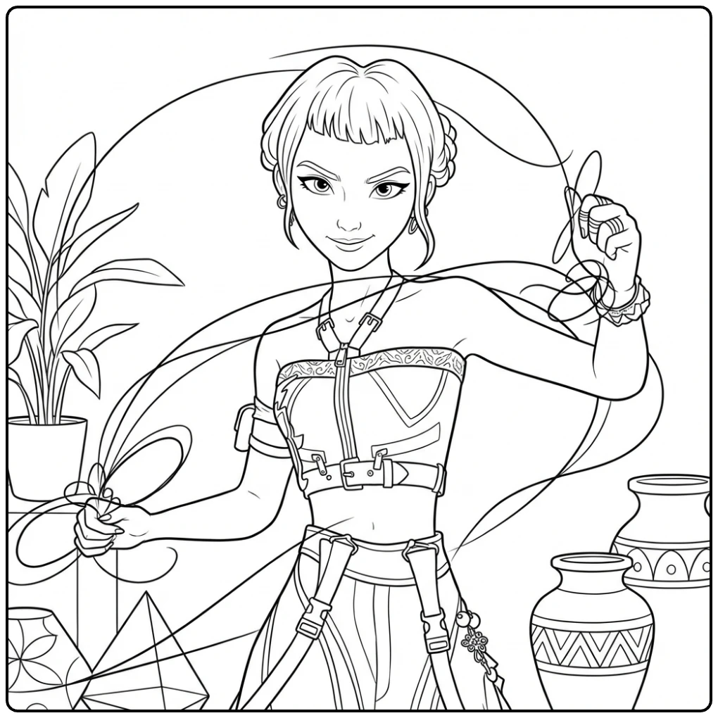 Kpop demon hunters kleurplaat Zoey met magisch touw.